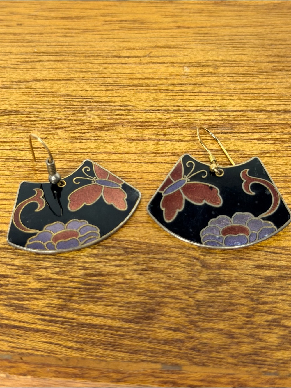 Vintage Signed Samuel Huang Cloisonné Butterfly Flower Fan Drop Earrings